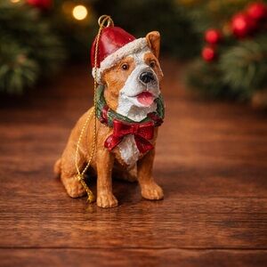 Dog Christmas Ornament Bulldog Terrier Figurine Santa Hat Resin Holiday Decor